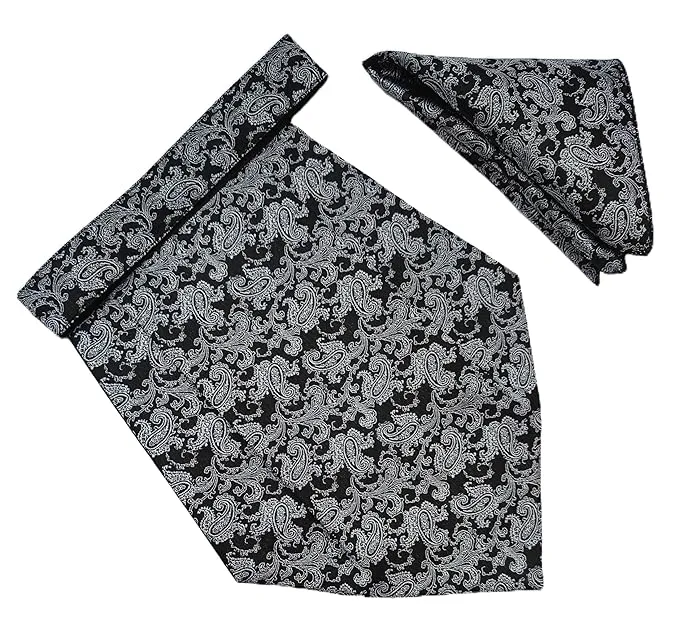 VOICI France Mens Paisley Cravat ascot NeckTie Pocket Square Microfiber Fabric Free Size (Black Silver)