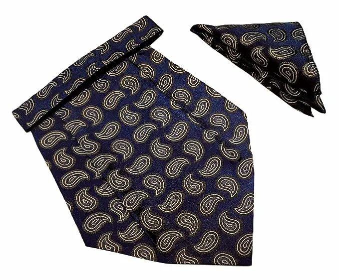 VOICI France Mens Paisley Cravat ascot NeckTie Pocket Square Microfiber Fabric Free Size (Blue Golden)