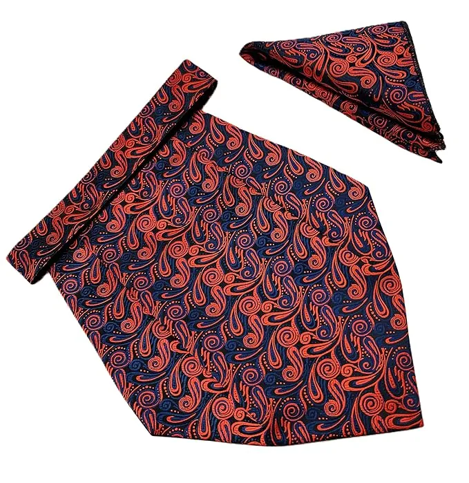 VOICI France Mens Paisley Cravat ascot NeckTie Pocket Square Microfiber Fabric Free Size (Red blue)